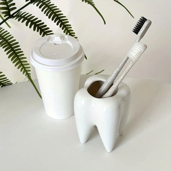 Ceramic White Toothbrush Holder Big Tooth Shape Pen Containers Desktop Sundries Storage Flower Pot Vase Cup Creative Decor Gifts 250210