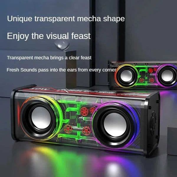 V8 Transparent Mecha Speakers 5.0 Wireless Double Bass Diaphragm Subwoofer Music TWS RGB Light Mini Party Loudspeaker Z250213
