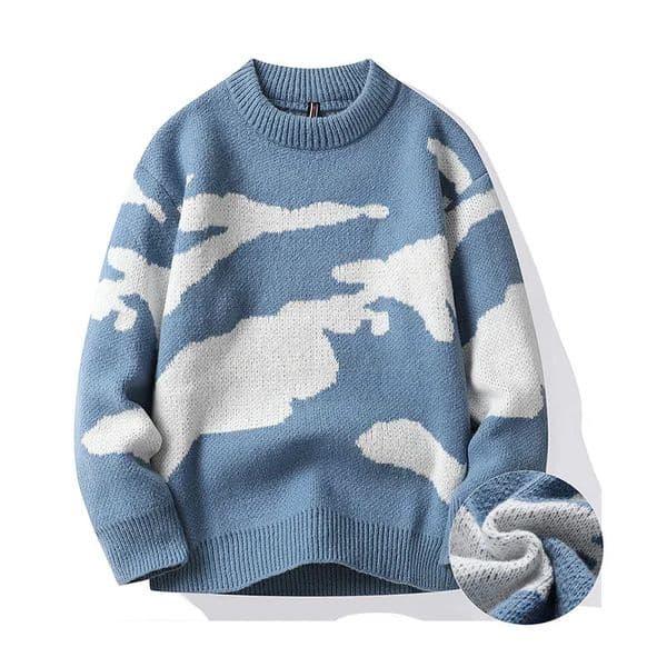 Autumn Men Casual Sweater Cloud Pattern Cute Couple Sweaters Round Neck Long Sleeve Male Knitted Sweater Harajuku Pullover 250211