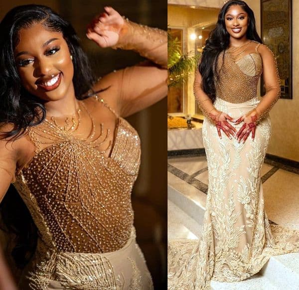Aso Ebi 2025 Gold Illusion Mermaid Prom Dresses Beaded Lace Full Sleeves Vintage Evening Formal Party Second Reception Birthday Gowns Dress For Special Occasions