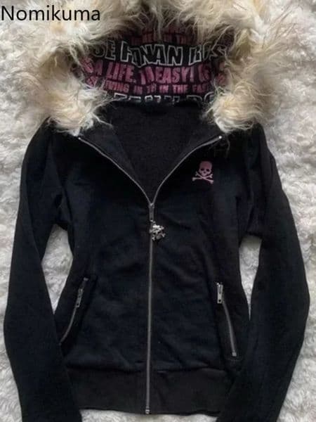 Black Goth Hoodie Womens Clothes Letter Skull y Zipper Y2k Coat Fashion Hooded Jacket Japanese Sweatshirts Y2K Tops 250213BJ