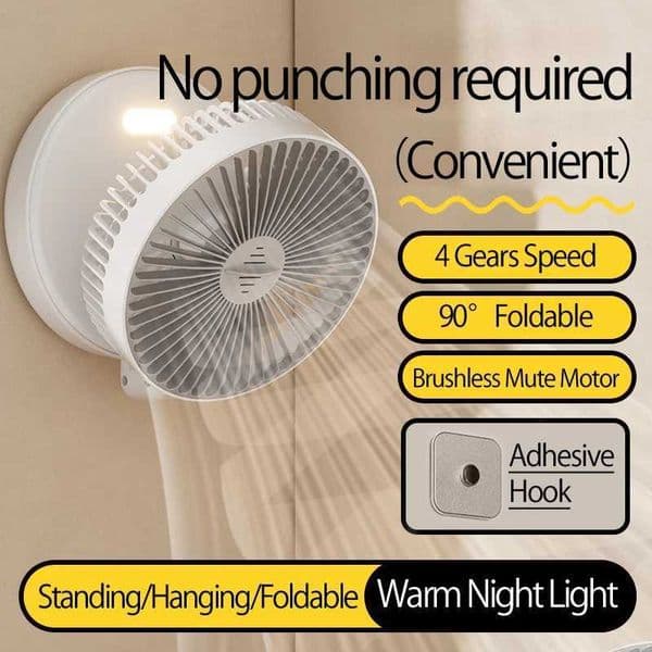 2024 New 5000mAh Rechargeable 3IN1 Multifunctional Portable Fan Wall Mounted Fan 90 Folding Fan 4 Gears With Warm Night Light Z250214