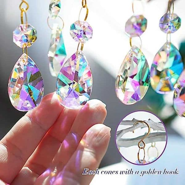 Ab Color Octagonal Beads Wind Chimes Maple Net Leaf Pendant Crystal Charm Diy Sun Catcher Wind Chimes Wedding Garden Decoration W250214