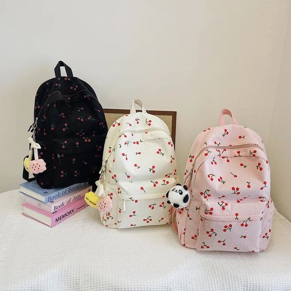 Corduroy Backpack Cherry Pattern Women Travel Daypack Adjustable Strap Laptop Backpack Zipper for Work Shopping School 250214