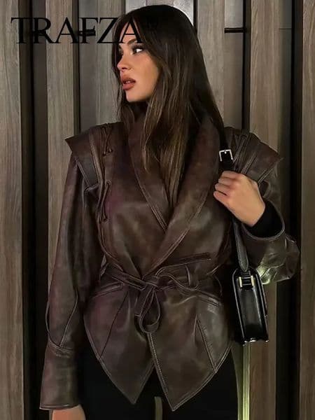 TRAFZA Female Street Leather Jacket Autumn Womens Versatile Brown Long Sleeves V-neck Single Breasted Lace-up Causal Coats 250213