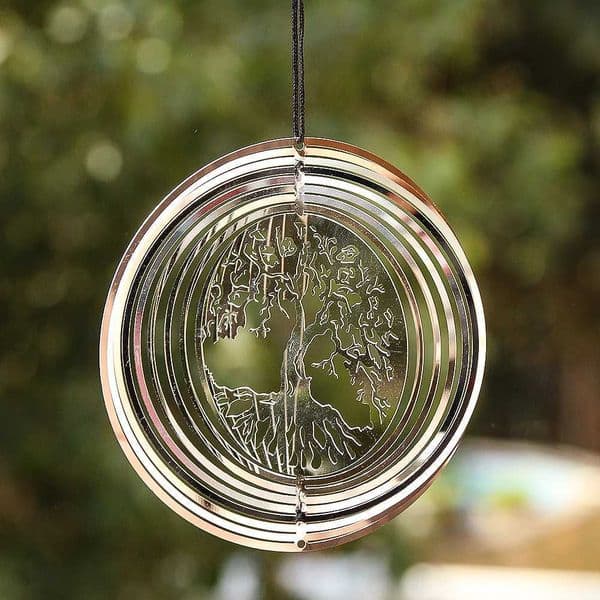 Tree of Life Wind Spinner Catcher 3D Rotating Pendant Flowing-Light Effect Mirror Reflection Design Garden Outdoor Hanging Decor W250214