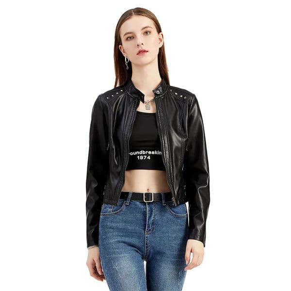 Spring Autumn Womens Leather Jacket Female Riveted Stand Collar Casual Coats Womens Motorcycle Jacket Womens Clothing 250213