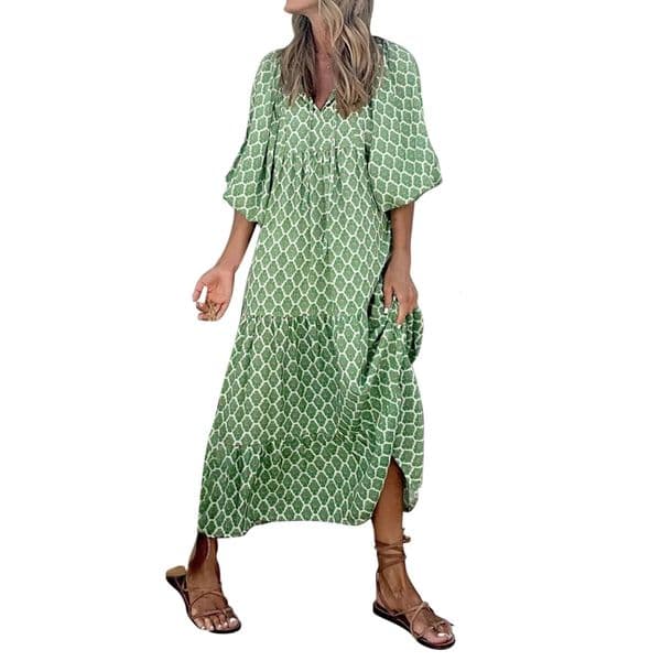 Bohemian printed bubble sleeves Sundress womens streetwear tie oversized long skirt summer dress long skirt 250213