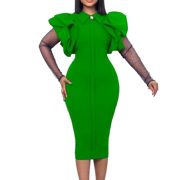 (418) Women's autumn and winter new mesh patchwork pleated OL temperament commuting large size dress