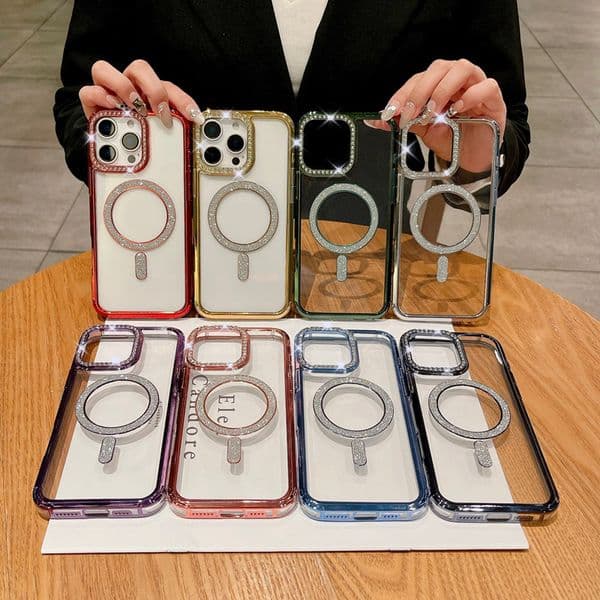 Bling Diamond Magnetic Wireless Charging Cases For Iphone 17 Air 16 Plus 15 14 Pro MAX 13 12 11 Chromed Soft TPU Magnet Luxury Plated Rhinestone Clear Phone