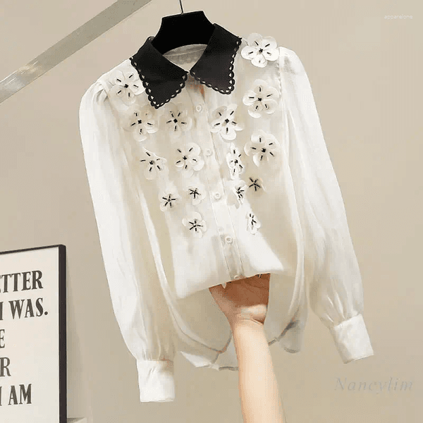 Women's Blouses Luxury Chic Blouse For Women Fashion Bead 3D Flower Shirt Spring Loose Versatile Top Long Sleeve Blusas Femme