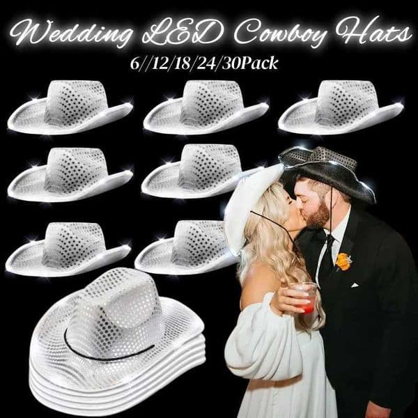 2026 6 30Pack LED Flashing Light Up Sequin Cowgirl cologne Disco perfume Cowboy Hats For Bachelor Party Ball Wedding Reception Free Shipping