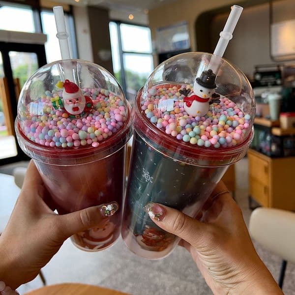 15.2oz Reusable Plastic Cup with Straw Dome Lid Christmas Snowman Santa Tree Pattern Holiday Tumbler for Kids