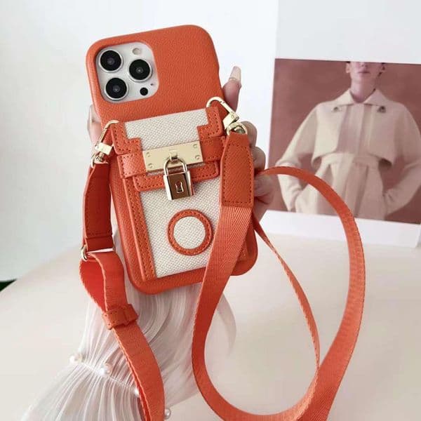 Luxury Leather Card Holder Designer Phone Case for Apple iPhone 16 Pro Max 15 14 13 12 Crossbody Wallet Shoulder Strap Hardwares Back Cover Coque Funda Orange Vertical