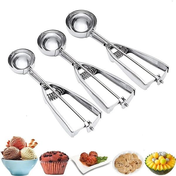 Ice Cream Spoon Kitchen Tools 3 Size Stainless Steel Spring Handle Mash Potato Watermelon Ball Scoop Home Kitchen Accessories 250214BJ