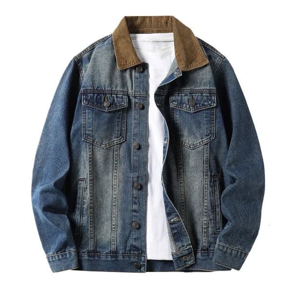 Vintage corduroy collar patchwork denim top mens fashion made old wash lapel jacket 250217