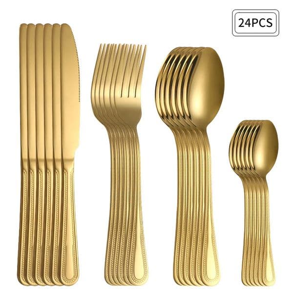 24pc Stainless steel gold cutlery set knife fork spoon steak knife fork dessert fork spoon retro suitable for restaurant kitchen 250214BJ