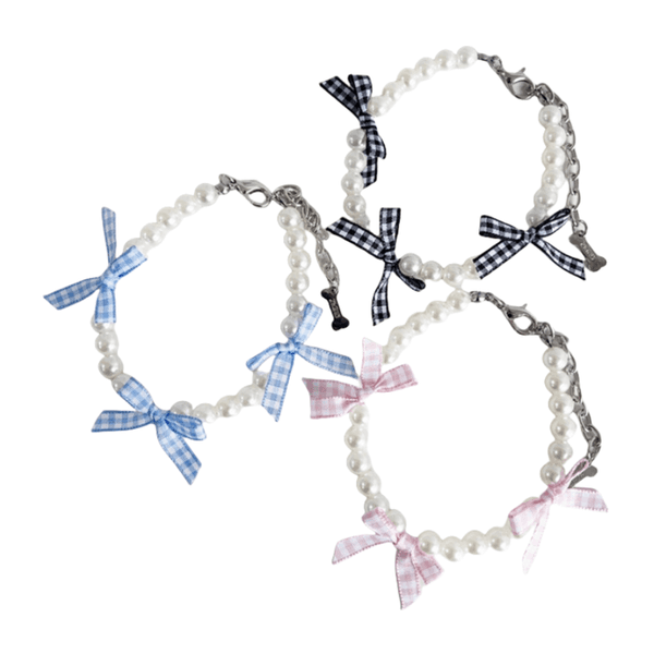 Pearl Dog Necklace with 3 Cute Bows, Cat and Dog Cute Pearl Necklace for Small Medium Dogs Pomeranian, Chihuahua, Pet Neck Decoration, Adjustable Pet Collar Blue B18