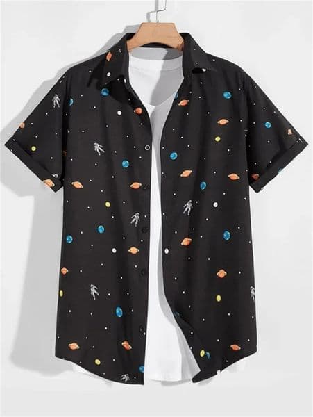 Mens astronaut print shirt 2023 summer Hawaii short sleeved mens beach breathable top outdoor street clothing 250219BANJIA
