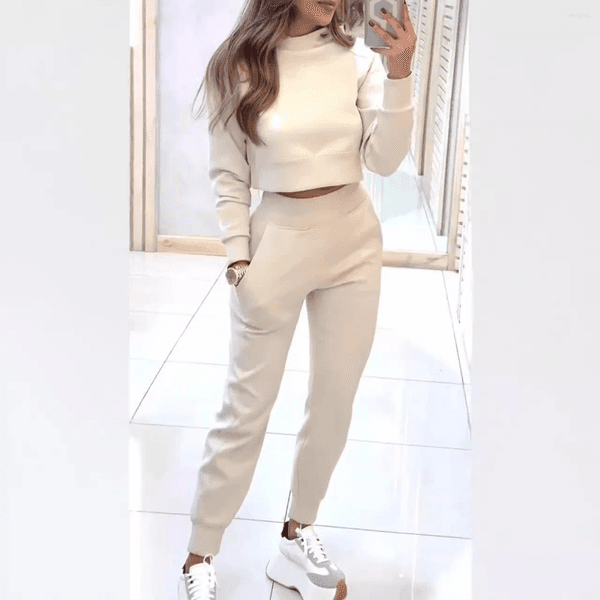 Women's Two Piece Pants Solid Pencil Sets Autumn Winter Turtleneck Neck Crop Top Outfits Casual Sweatshirt Tops Suit Hoodie