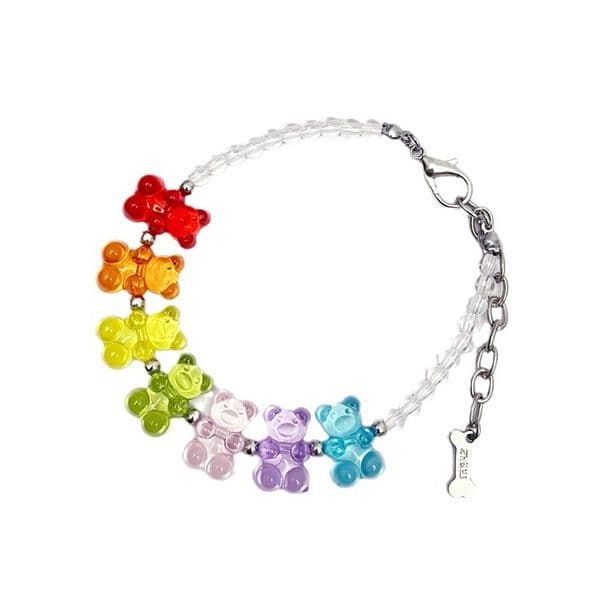 Fashion Bead Dog Necklace with Rainbow Bear with Seven Colors, Exquisite Cat Dog Neck Decoration Necklace for Small Medium Dogs, Adjustable Pet Necklace S B36