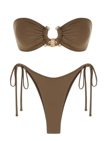 Solid Oring 2025 womens swimsuit side tie shiny metal hardware ring Bandeau bikini padded bra top low waist 250219BANJIA