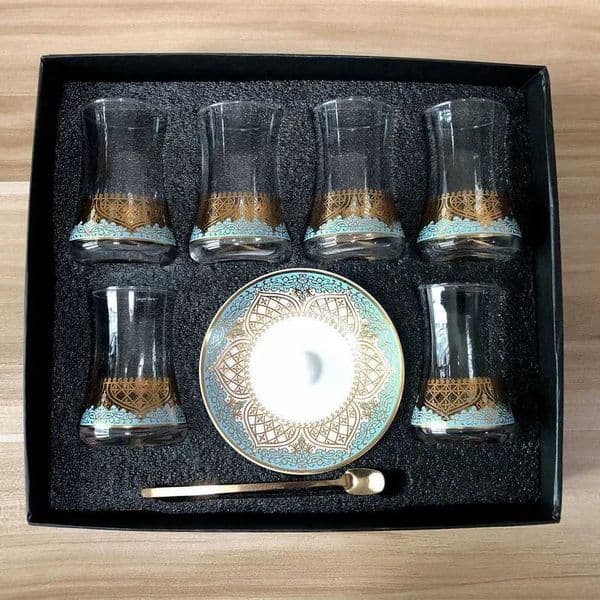 6 Sets Turkish Glasses Cups Set Saucers With Spoon Coffee Romantic Exotic Glass Tea Cup Kitchen Decoration Gift Box S25218 12545