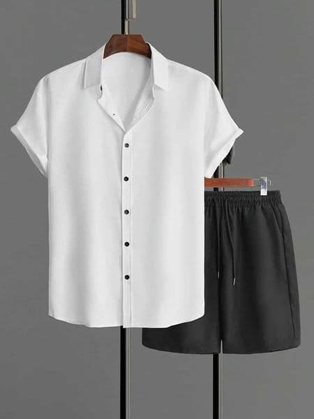 2024 New Solid Color Mens Short-sleeved Shirt And Sports Shorts Set Summer Everyday Mens Casual Shirt Simple Mens Beach PantsXJ250218