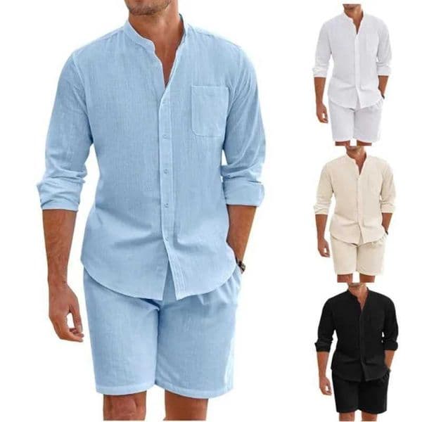 Mens Summer Two-piece Cotton and Linen Comfortable Buttoned Shirt Long Sleeved Shorts Cardigan Simple Casual Beach OutfitXJ250218