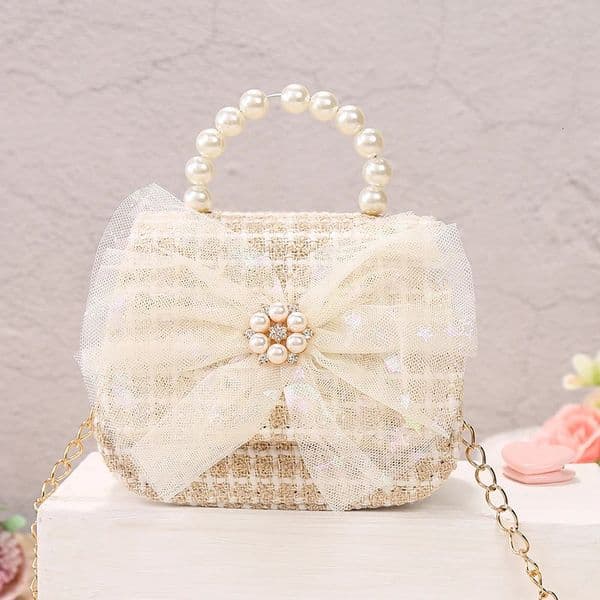 Kids Linen Purses and Handbags Cute Girls Princess Mini Crossbody Bag Bowknot Toddler Party Pearl Tote Hand Bags Gift 250219