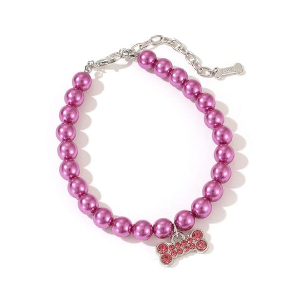 Fashion Pearl Dog Necklace with Shining Rhinestone Bone Charm in Different Colors, Jewelry Dog Necklace for Puppy Kitten Small Dogs Wedding Birthday Gift Purple B31