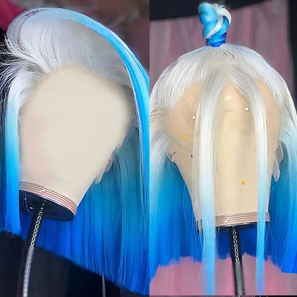 Blue Ombre Blue Color Short Bob Wig 13X4 Lace Front Human Hair Wigs for Women 180% Density Lace Frontal Wig Pre Plucked Brazilian Remy Wig