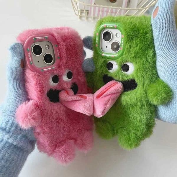 INS Couple Fur Monster Kiss Tongue Case For iPhone 16 15 14 13 12 11 Pro Max Korea Cute Cartoon Gift Anti-Drop Soft Back Cover M250219