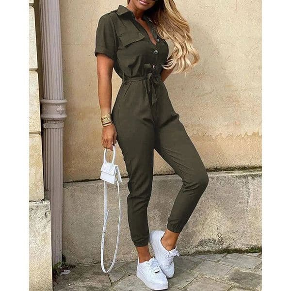 Casual short sleeved jumpsuit for office ladies in spring and summer fashionable and elegant solid lace womens jumpsuit one-piece jumpsuit 250220BJ