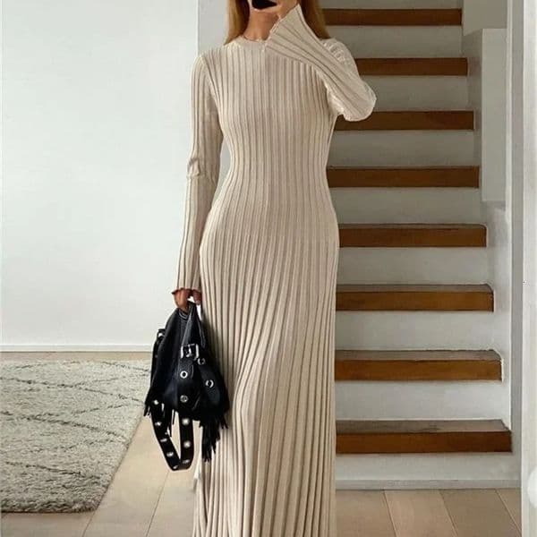 Tossy Lace-Up Female Knit Maxi Dress Autumn High Waist Fashion Patchwork Long Sleeve Loose Solid Dress Bandage Knitwear Dress 250214BJ