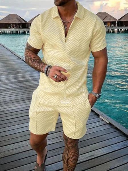 Summer 2024 Mens Sportswear Cotton Solid Color Short Sleeve Zip Polo Shirt and Shorts Set Casual Streetwear 2Pie 250220
