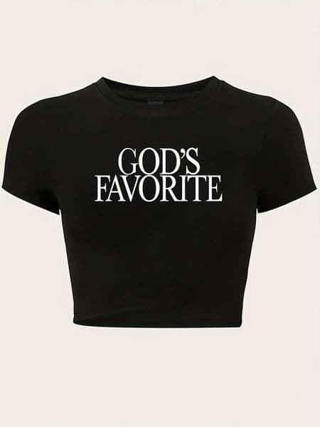 GOD FAVORITE Print TShirt Y2K Crew Neck Short Sleeve Crop Tee for Spring Summer Womens Clothing 250214