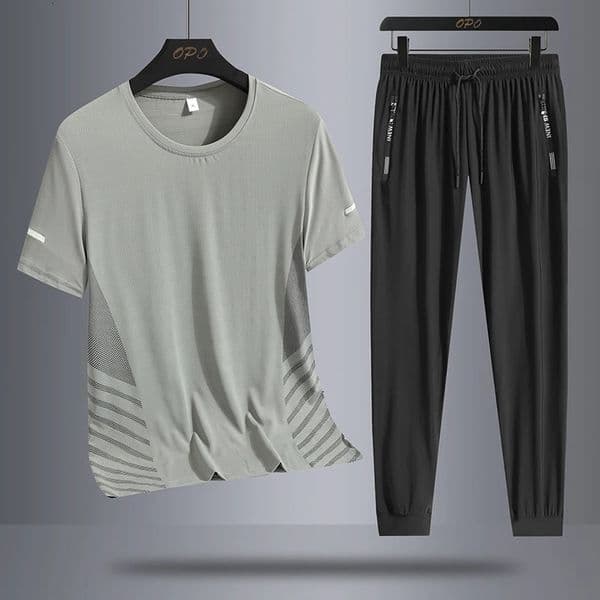 Summer round neck ice silk short sleeved Tshirt and sports pants set quick drying sweat absorption running twopiece 250220BANJIA