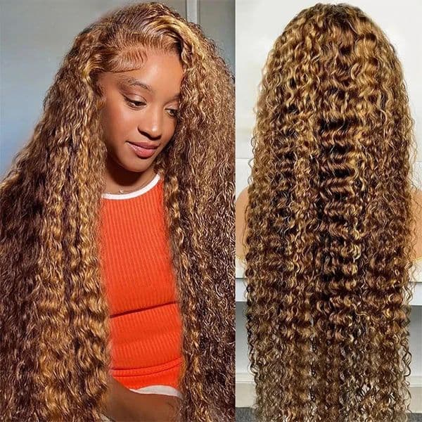 Brazilian Highlight Water Wave 13x4 Transparent Lace Front Wig Human Hair Pre Plucked Lace Front Wigs Honey Blonde Wig for Women