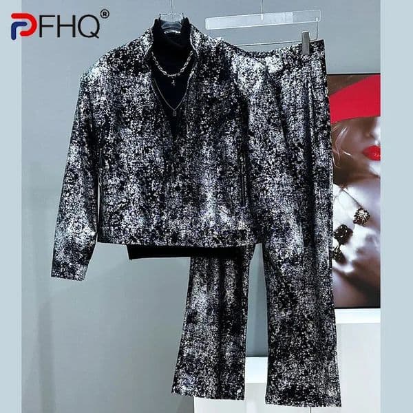PFHQ Trendy Workwear Two-piece Set Niche Straight Leg Pants Sets Contrast Color Long Sleeve Male Sets 21E1241 250220
