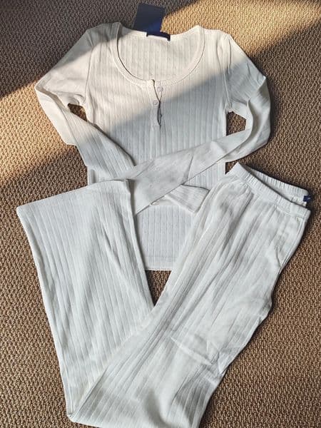 Eyelet White T-shirt Pant Pajama Set Woman Buttons Long Sleeve TeeElastic Waist Straight Trousers Cotton Home 2 Piece Sets Y2k 250219BJ
