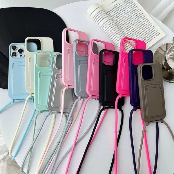 Crossbody Necklace Strap Lanyard Phone Case for IPhone 16 15 14 Plus 13 12 11 Pro Max X XS XR Silicone Card Holder Wallet Cover Z250220