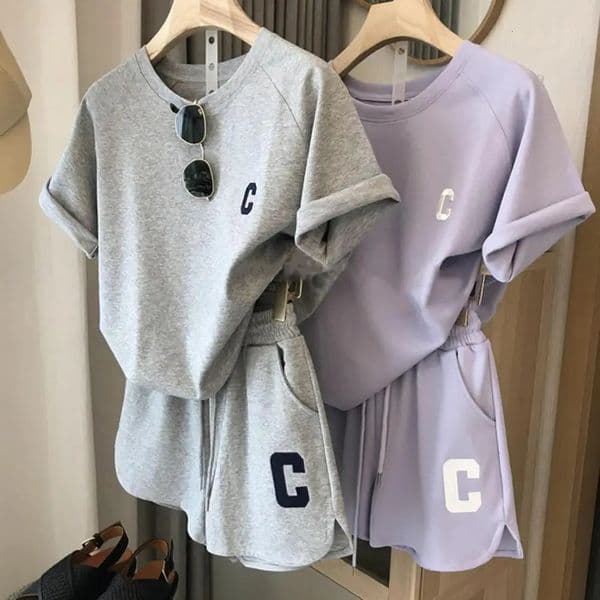 Womens sportswear womens summer set Oneck letter printed Tshirt elastic waist shorts 250220BANJIA