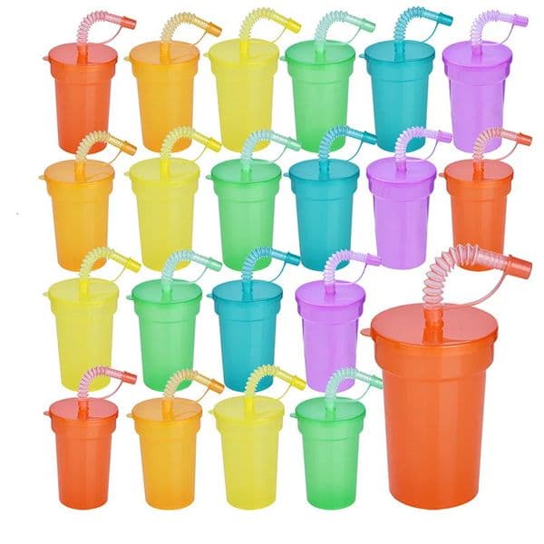 Neon Sipper Cups Reusable Spill-Proof Drinking Cups with Lids and Straws for Birthday Party Travel Xmas Juice Mug Water Bottle 250218