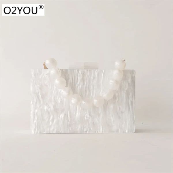 Marble Pearl White Handmade Women Stones Evening Clutch Bags Bridal Wedding Party Handbag Lady Shoulder Acrylic Box Purse 250217BJ