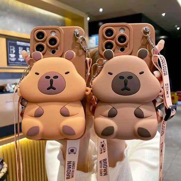 Cute Cartoon 3d Capybara Card Wallet Pocket Phone Case For iPhone 16 15 14 13 12 11 Pro Max Soft Silicone Cover With Lanyard Z250220