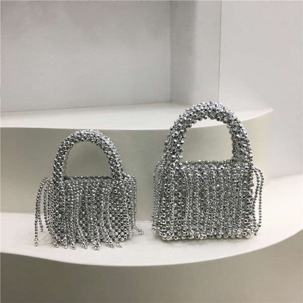 Hand woven metal silver shiny beaded bag Carrying dinner bag Carrying small square bag