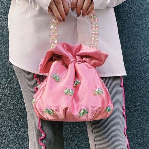 Design Handmade Beaded Satin Handbag For Women 2024 New Fashion Dia Inlaid Bucket Bag