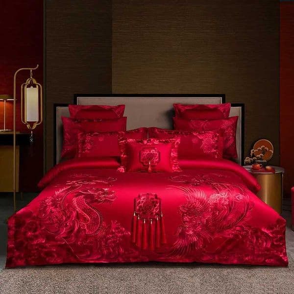 Luxury Gold/Red Loong Phoenix Embroidery Chinese Wedding Tassels Egyptian Cotton Bedding Set Duvet Cover Bed Sheet PillowcasesXJ250220