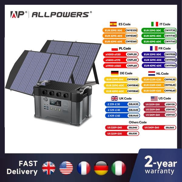 ALLPOWERS Solar Generator 2000W Battery Charger110V/230V Pure Sine Wave AC Outlet With 2100W Portable Solar Panel For Outdoors thumbnail 2